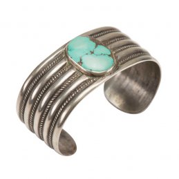 Vintage Navajo Ingot Silver Ribbed Cuff with Natural Turquoise Cabochon