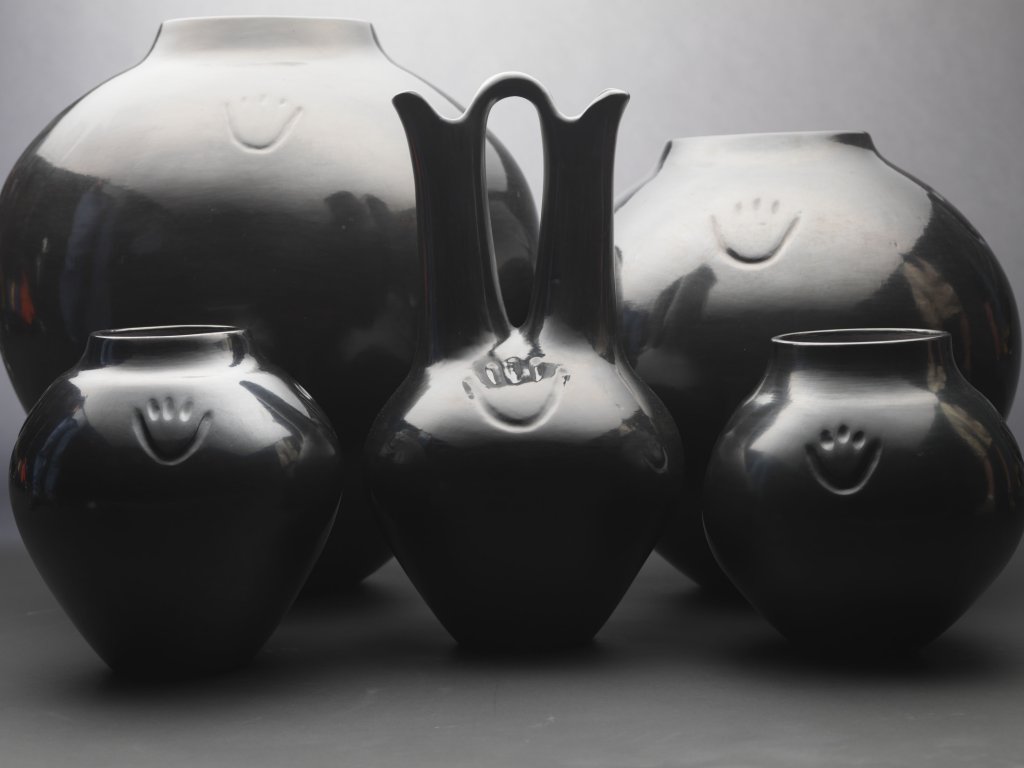 Collection of Margaret Tafoya Blackware Pottery with Bear Paw Symbol
