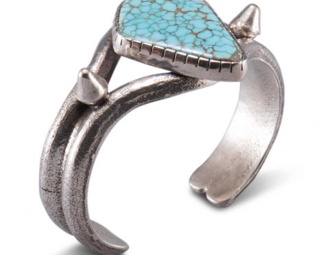 Carol Krena Sterling Silver Tufa Cast Cuff with Number 8 Turquoise Cabochon