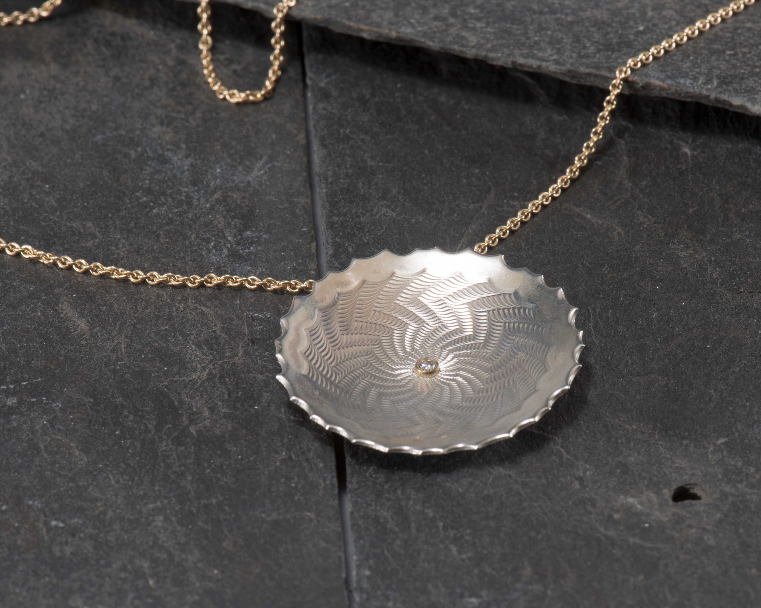 Maria Samora Large Guilloche with Diamond Pendant Necklace