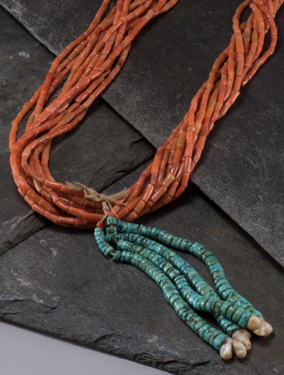Eleven Strand Coral Necklace with Turquoise Jaclas - Four Winds Gallery
