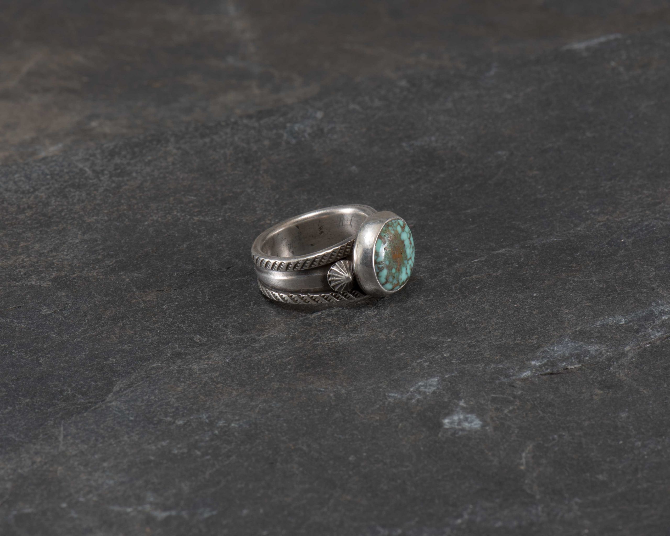 Jesse Robbins Coin Silver Ring with Cheyenne Turquoise