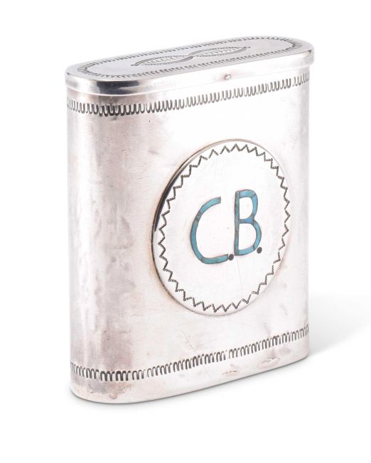 Navajo Silver Pipe Tobacco Canister with Zuni Turquoise Monogram Inlay