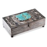 Navajo Silver Box with Zuni Turquoise Carved Leaf