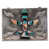 Navajo Silver Box with Zuni Inlay Knifewing Man