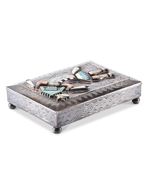 Navajo Silver Box with Zuni Inlay Rainbow Man