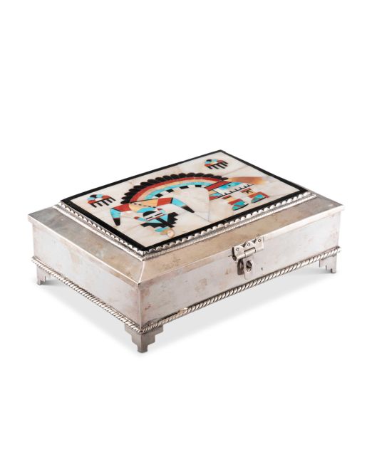 Navajo Silver Box with Zuni Inlay Rainbow Man and White Shell Background