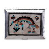 Navajo Silver Box with Zuni Inlay Rainbow Man and White Shell Background