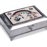 Navajo Silver Box with Zuni Inlay Rainbow Man and White Shell Background