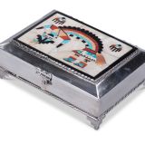 Navajo Silver Box with Zuni Inlay Rainbow Man and White Shell Background