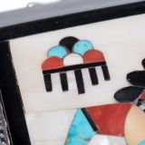 Navajo Silver Box with Zuni Inlay Rainbow Man and White Shell Background