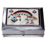Navajo Silver Box with Zuni Inlay Rainbow Man and White Shell Background