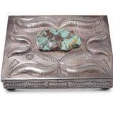 Navajo Silver Box with Leekya Deyuse Carved Turquoise Bear