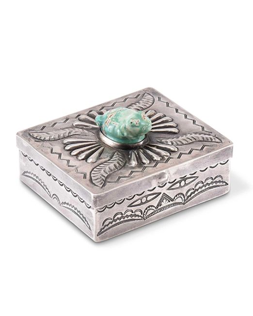 Navajo Silver Box with Leekya Deyuse Turquoise Frog Fetish Carving