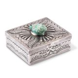 Navajo Silver Box with Leekya Deyuse Turquoise Frog Fetish Carving