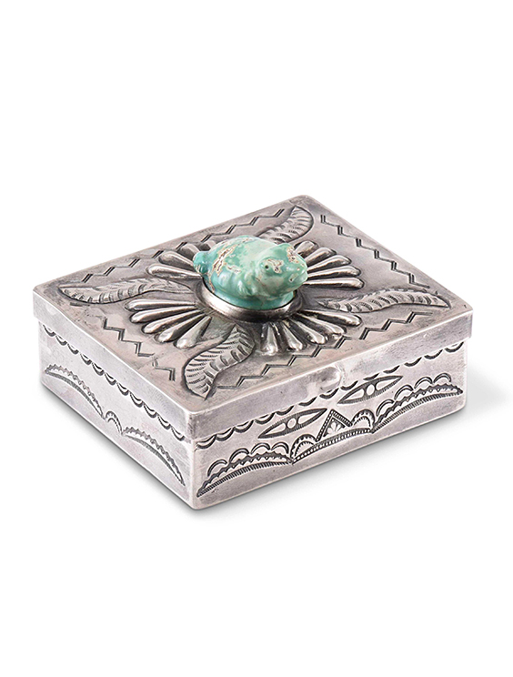 Navajo Silver Box with Leekya Deyuse Turquoise Frog Fetish Carving