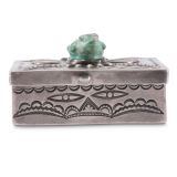 Navajo Silver Box with Leekya Deyuse Turquoise Frog Fetish Carving