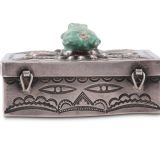 Navajo Silver Box with Leekya Deyuse Turquoise Frog Fetish Carving