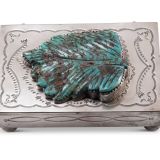 Navajo Silver Box with Leekya Deyuse Turquoise Leaf Fetish Carving