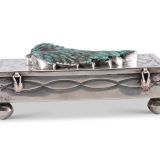 Navajo Silver Box with Leekya Deyuse Turquoise Leaf Fetish Carving