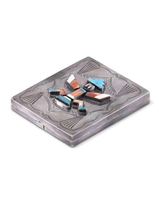 Navajo Silver Cigarette Case with Zuni Knifewing Man