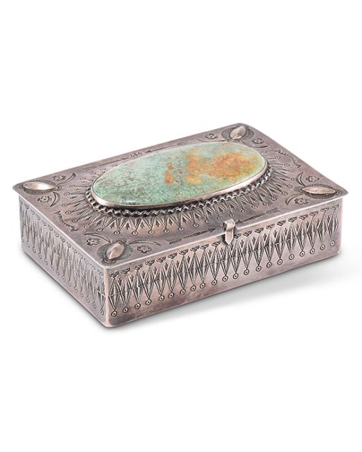 Fred Peshlakai Silver Box with Large Turquoise Stone