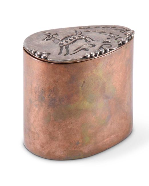 Hopi Copper Cylinder with Silver Overlay Deer on Lid