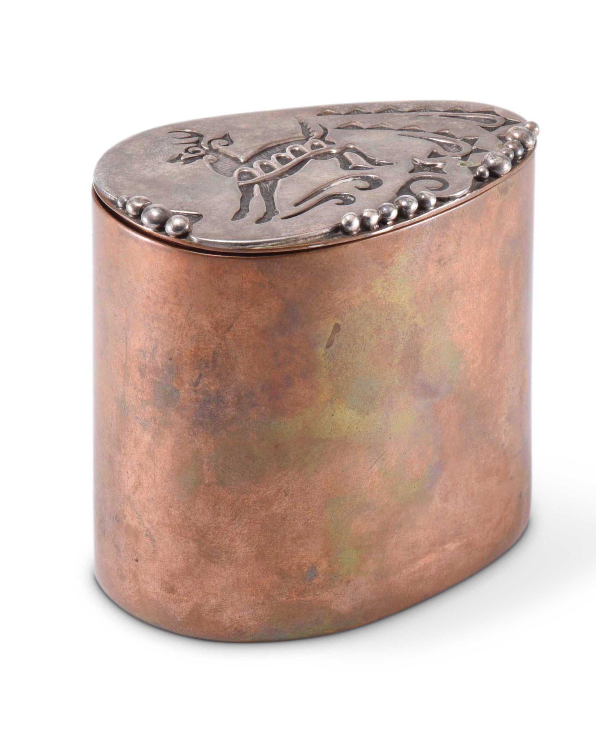 Hopi Copper Cylinder with Silver Overlay Deer on Lid
