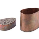 Hopi Copper Cylinder with Silver Overlay Deer on Lid