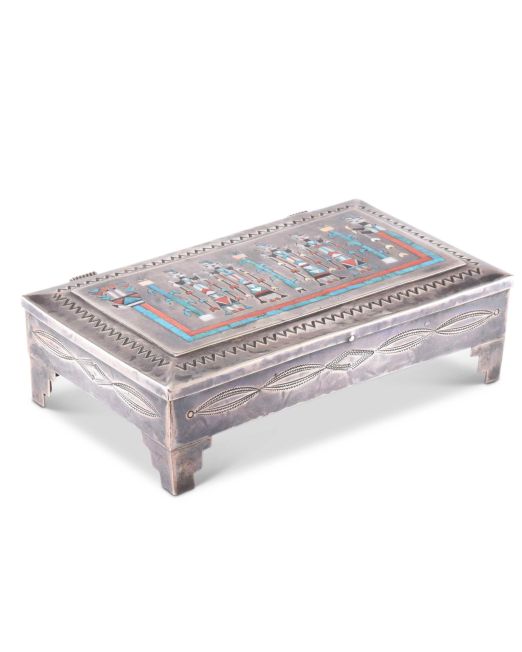 Frank Vacit and Roger Skeet Sr Silver Box with Inlaid Ye'ii Rug Design