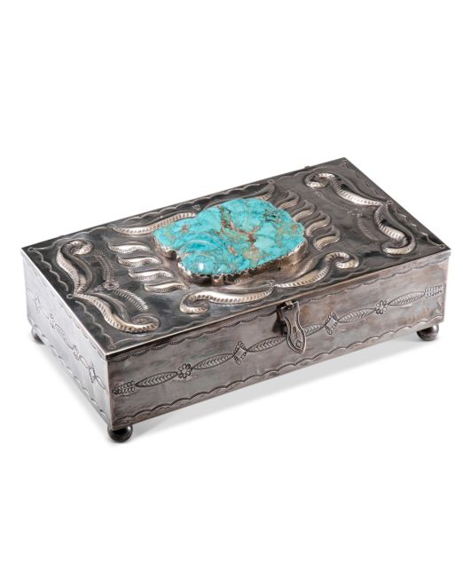 Navajo Silver Box with Zuni Turquoise Carved Leaf
