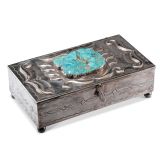 Navajo Silver Box with Zuni Turquoise Carved Leaf