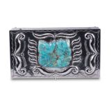 Navajo Silver Box with Zuni Turquoise Carved Leaf