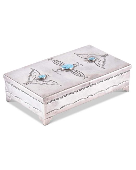 Navajo Silver Box with #8 Turquoise and Moth Stamp Detail