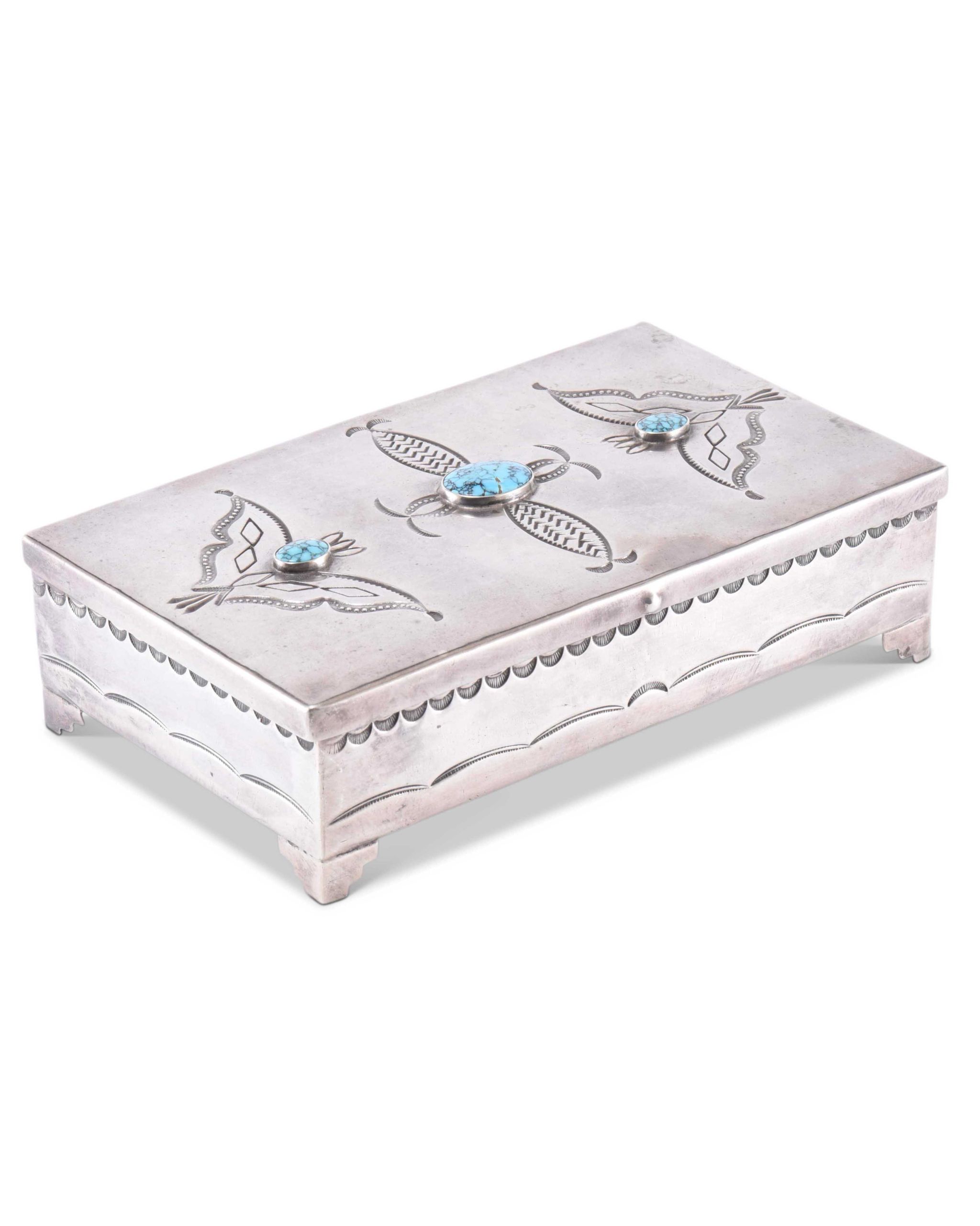 Navajo Silver Box with #8 Turquoise and Moth Stamp Detail