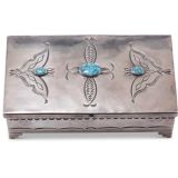 Navajo Silver Box with #8 Turquoise and Moth Stamp Detail