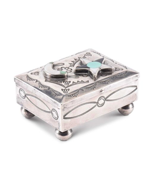 Navajo Silver Box with Zuni Inlaid Sun and Moon