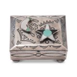 Navajo Silver Box with Zuni Inlaid Sun and Moon