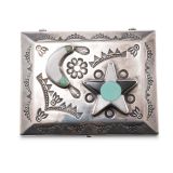 Navajo Silver Box with Zuni Inlaid Sun and Moon
