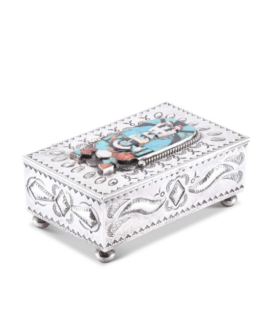 John Hoskie and Eddie Beyuka Silver Box with Inlaid Shalako