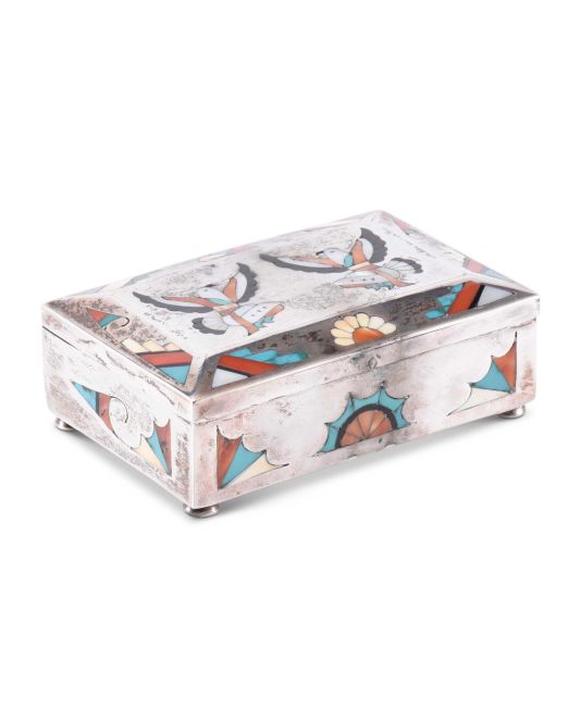 Navajo Silver Box with Zuni Inlaid Eagle Dancers