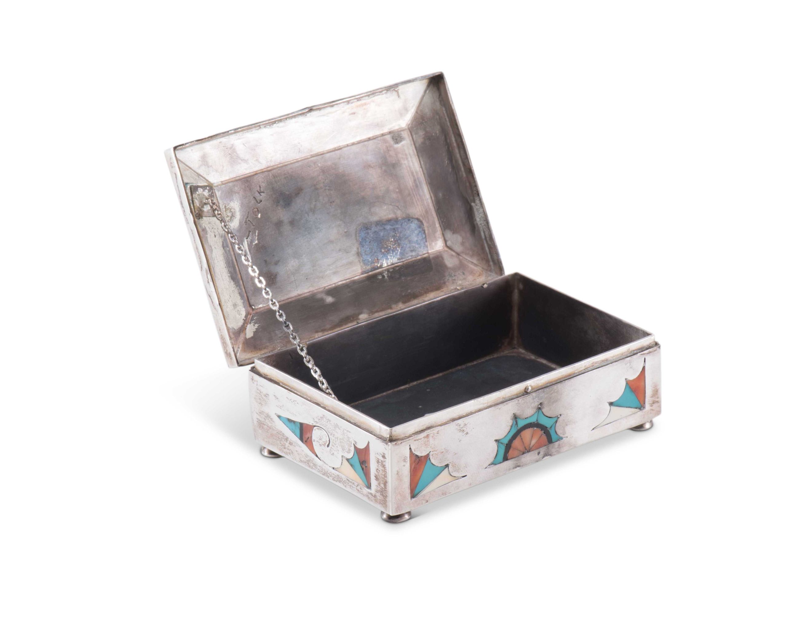 Navajo Silver Box with Zuni Inlaid Eagle Dancers