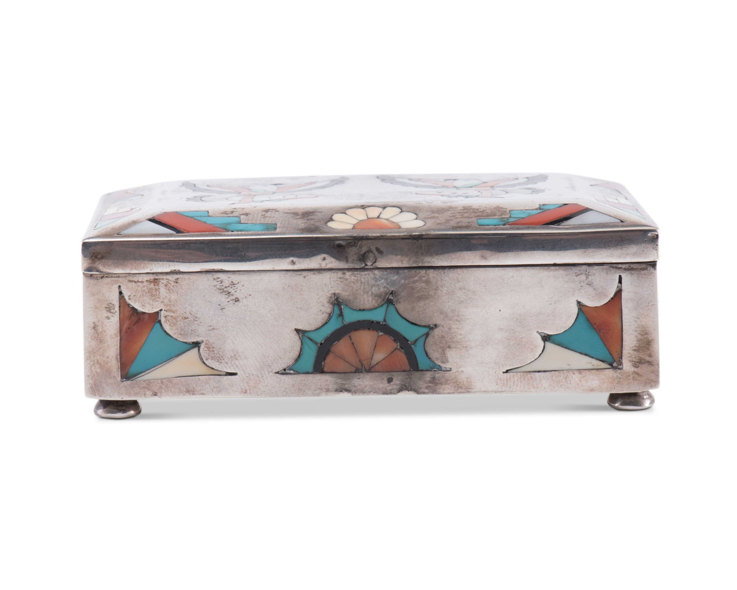 Navajo Silver Box with Zuni Inlaid Eagle Dancers