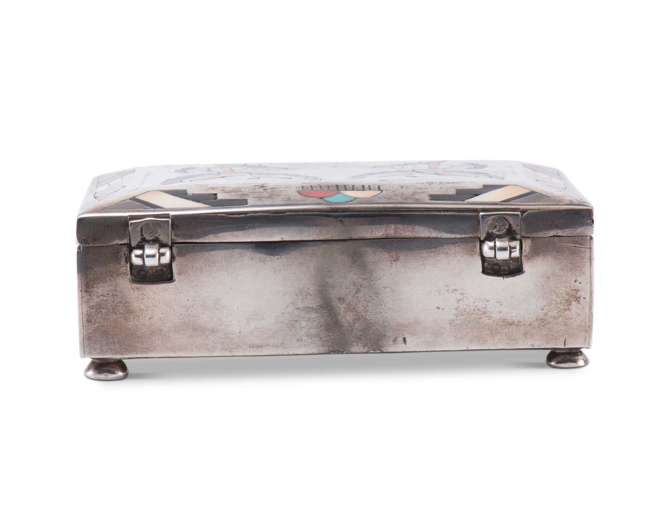 Navajo Silver Box with Zuni Inlaid Eagle Dancers
