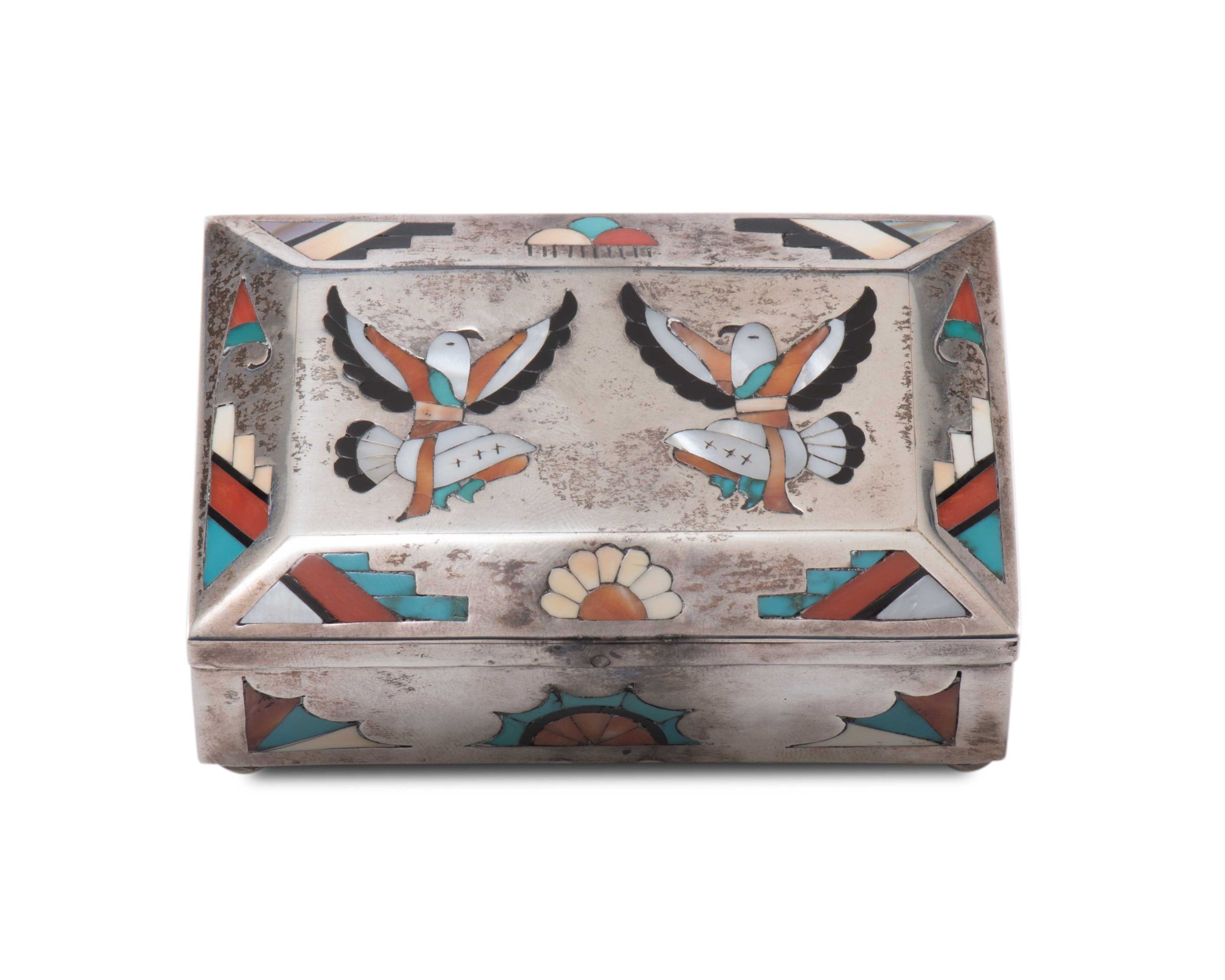 Navajo Silver Box with Zuni Inlaid Eagle Dancers