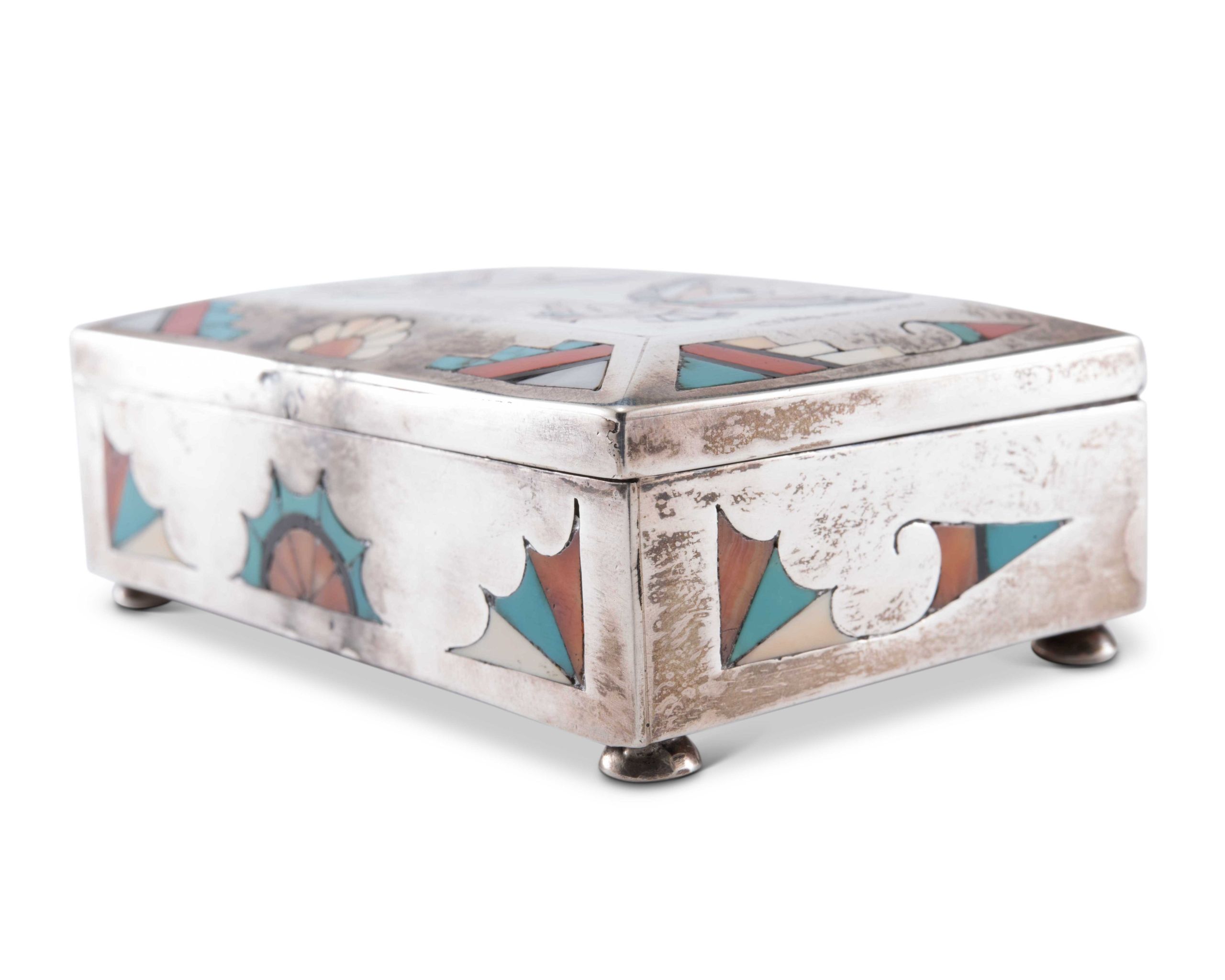 Navajo Silver Box with Zuni Inlaid Eagle Dancers