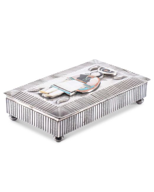 Daisy Healing Nampeyo Silver Box with Inlaid Zuni Olla Carrier
