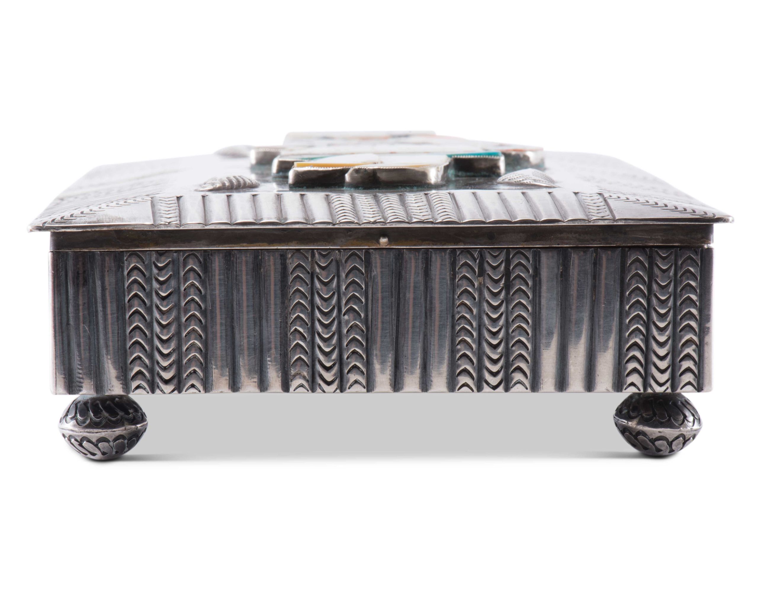 Daisy Healing Nampeyo Silver Box with Inlaid Zuni Olla Carrier