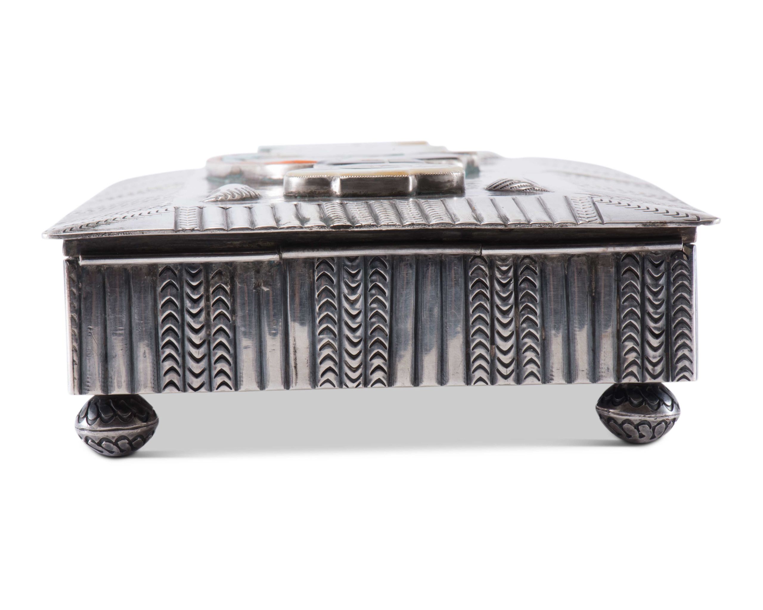 Daisy Healing Nampeyo Silver Box with Inlaid Zuni Olla Carrier