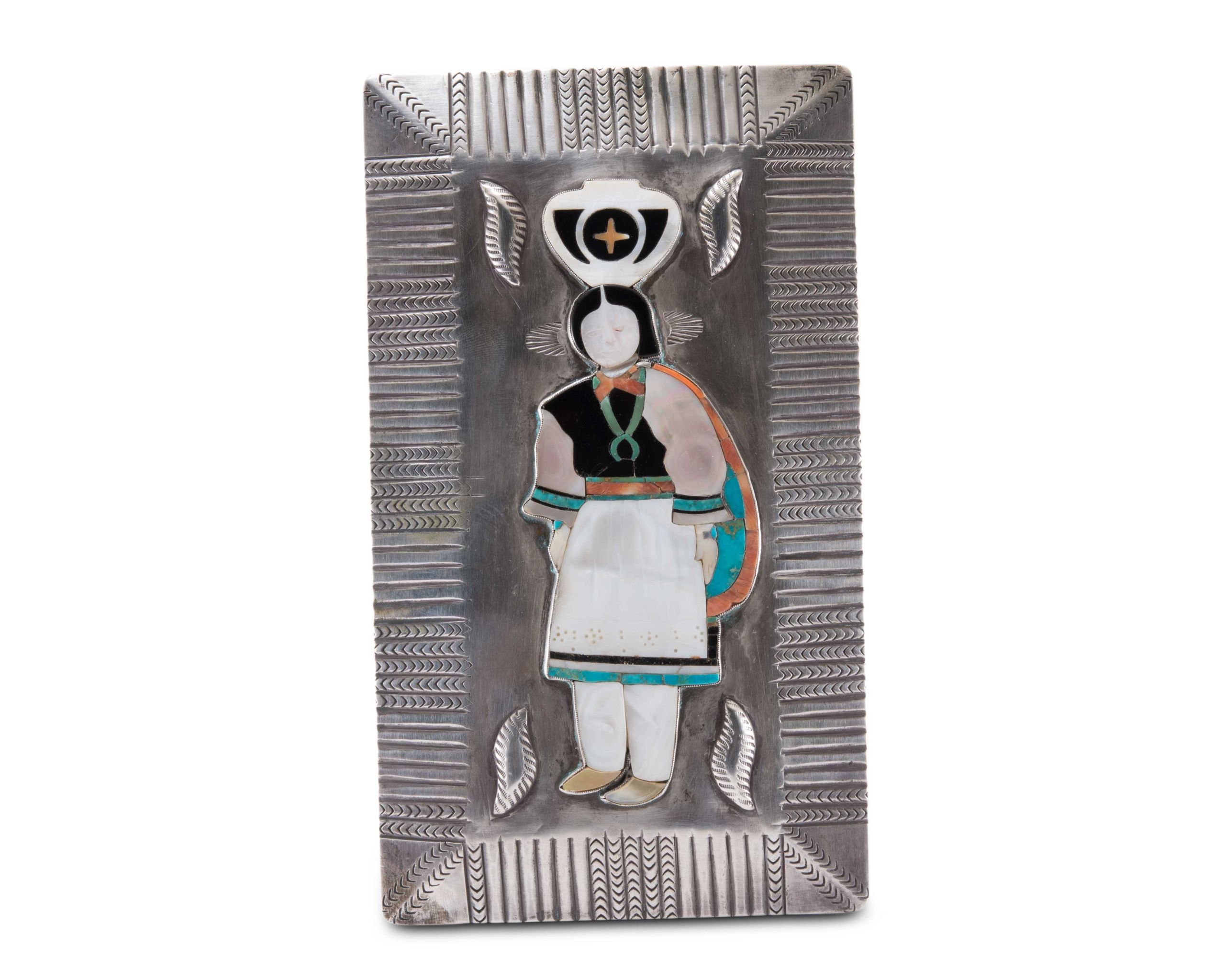 Daisy Healing Nampeyo Silver Box with Inlaid Zuni Olla Carrier
